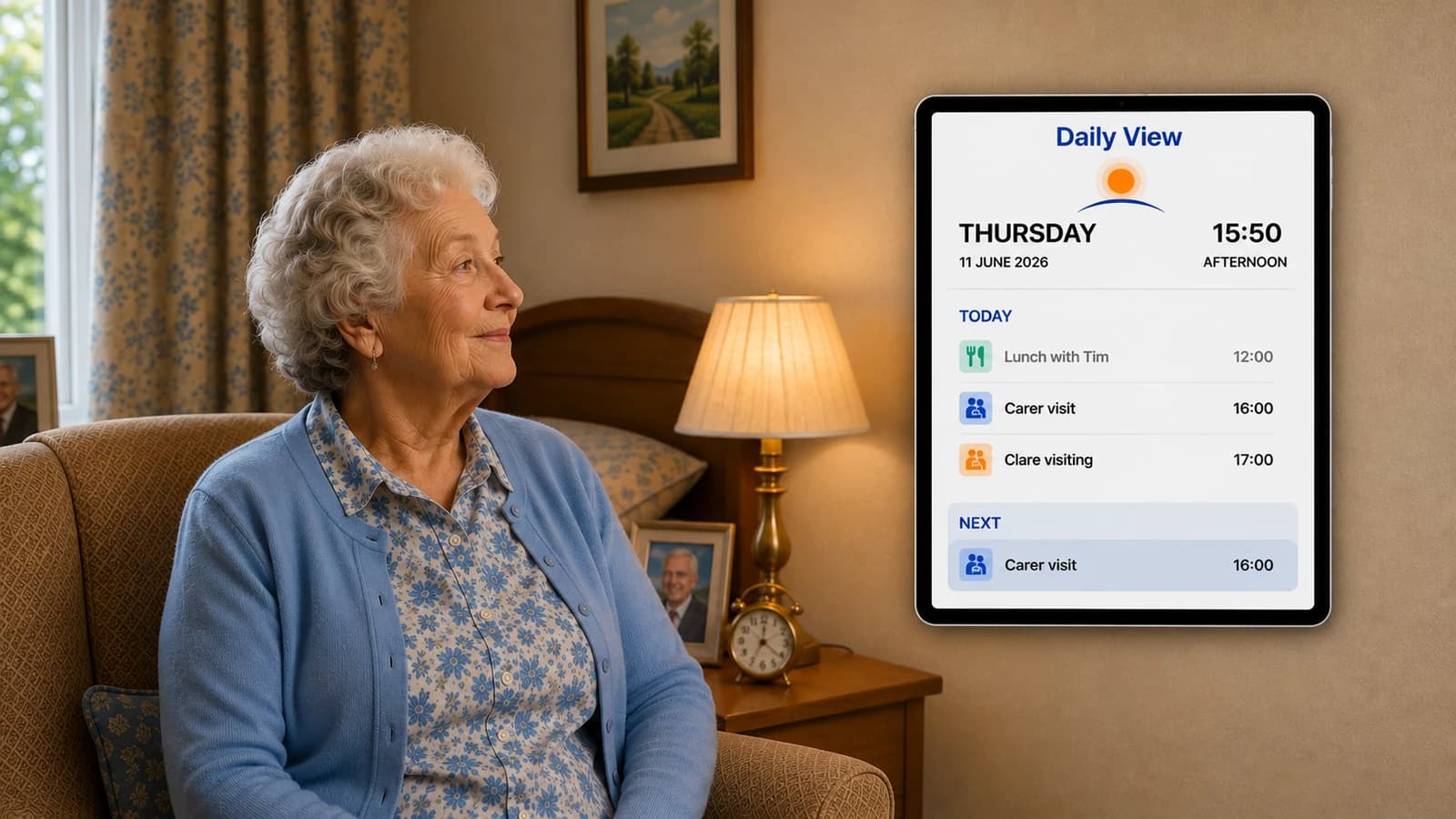 An older woman relaxing in an armchair at home, looking at a tablet on a stand showing the Daily View display: today's date and time, a short list of today's activities including lunch and a carer visit, and what happens next.