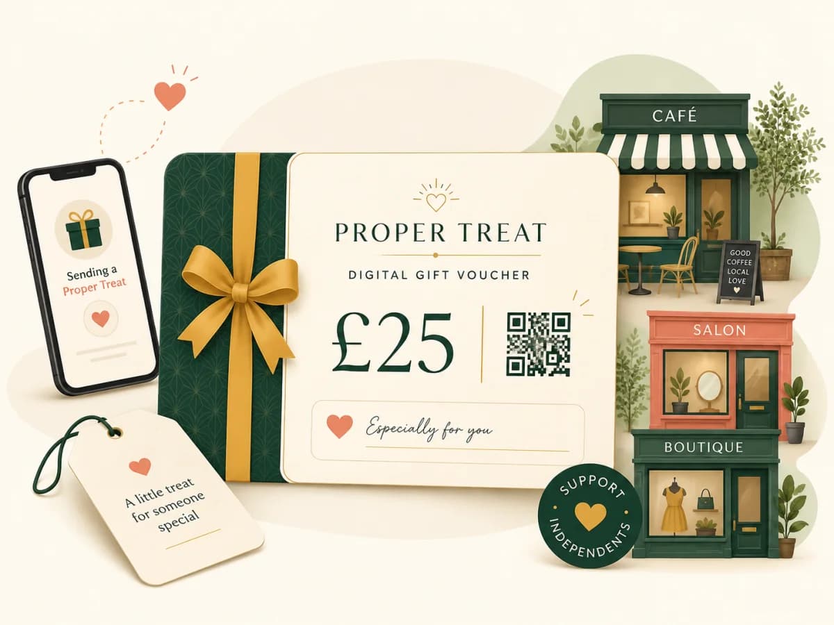 A phone showing a Proper Treat gift being sent, next to a wrapped £25 Proper Treat digital gift voucher with a QR code and a gift tag reading 'A little treat for someone special', alongside illustrations of an independent café, salon and boutique.